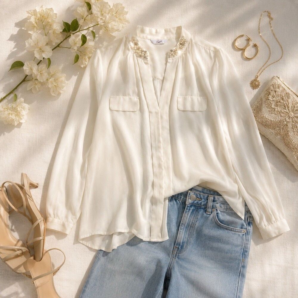 Vintage Candie's Pearl Rhinestone Blouse Sheer Ivory Romantic Coquette Top Boho